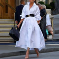 Fashion Pure White Lapel Belt Dress