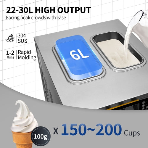 Commercial Ice Cream Maker, 22-30L/H Yield, Countertop Soft Serve