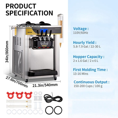Commercial Ice Cream Maker, 22-30L/H Yield, Countertop Soft Serve